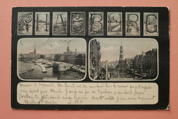 Ansichtskarte AK Gruß aus Hamburg 1905 Jungfernstieg Fleet bei Reimer Brücke Restaurant Schiffe Architektur Ortsansicht